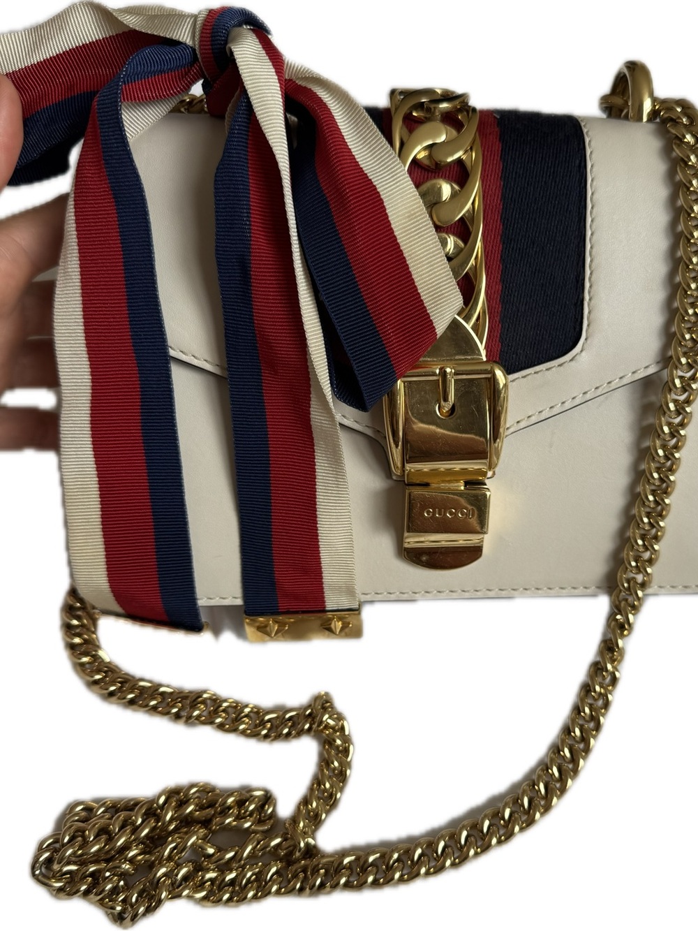 Gucci Sylvie mini Leather Crossbody with Ribbon and Gold Chain